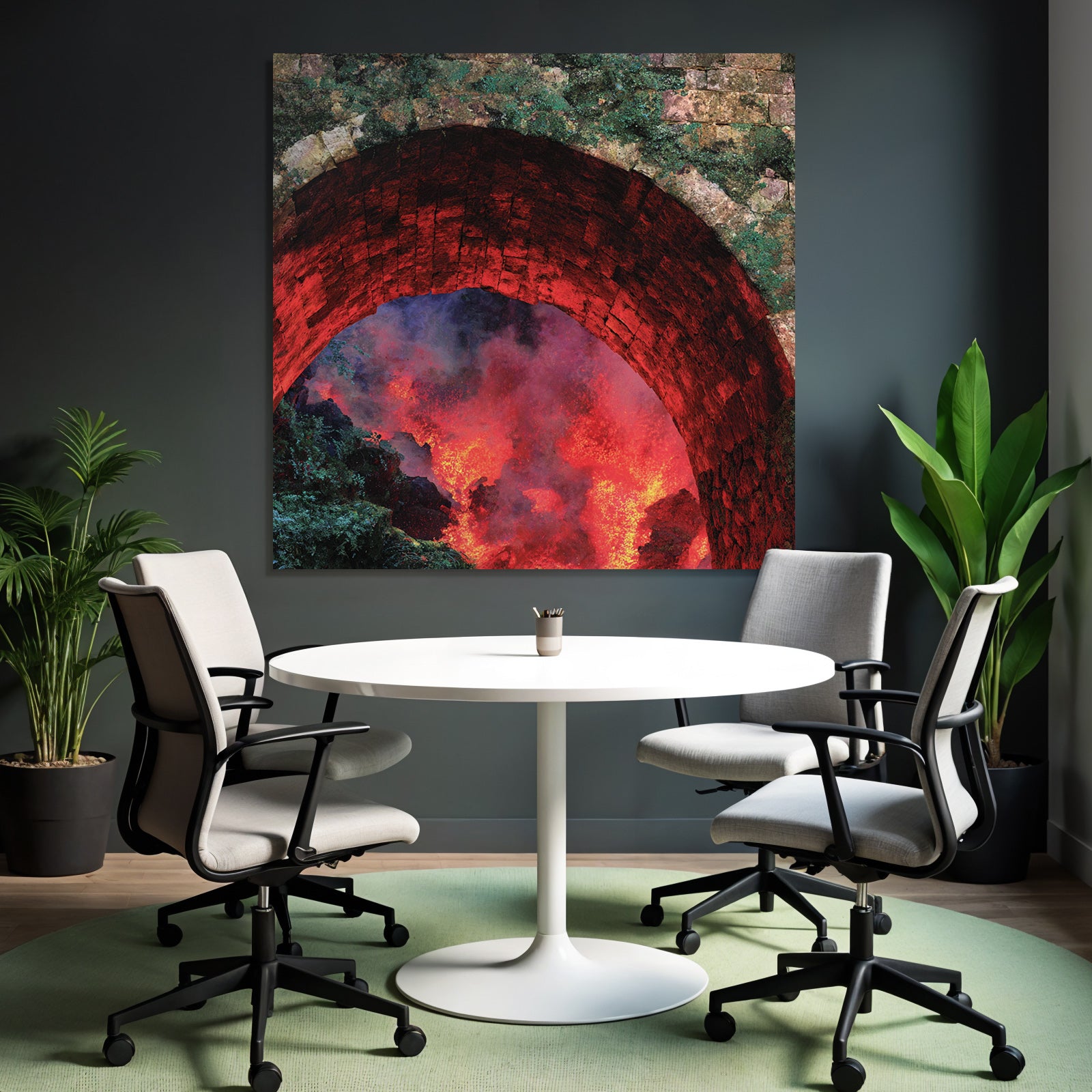Steinbogen Mit Flammender Lava Und Moos