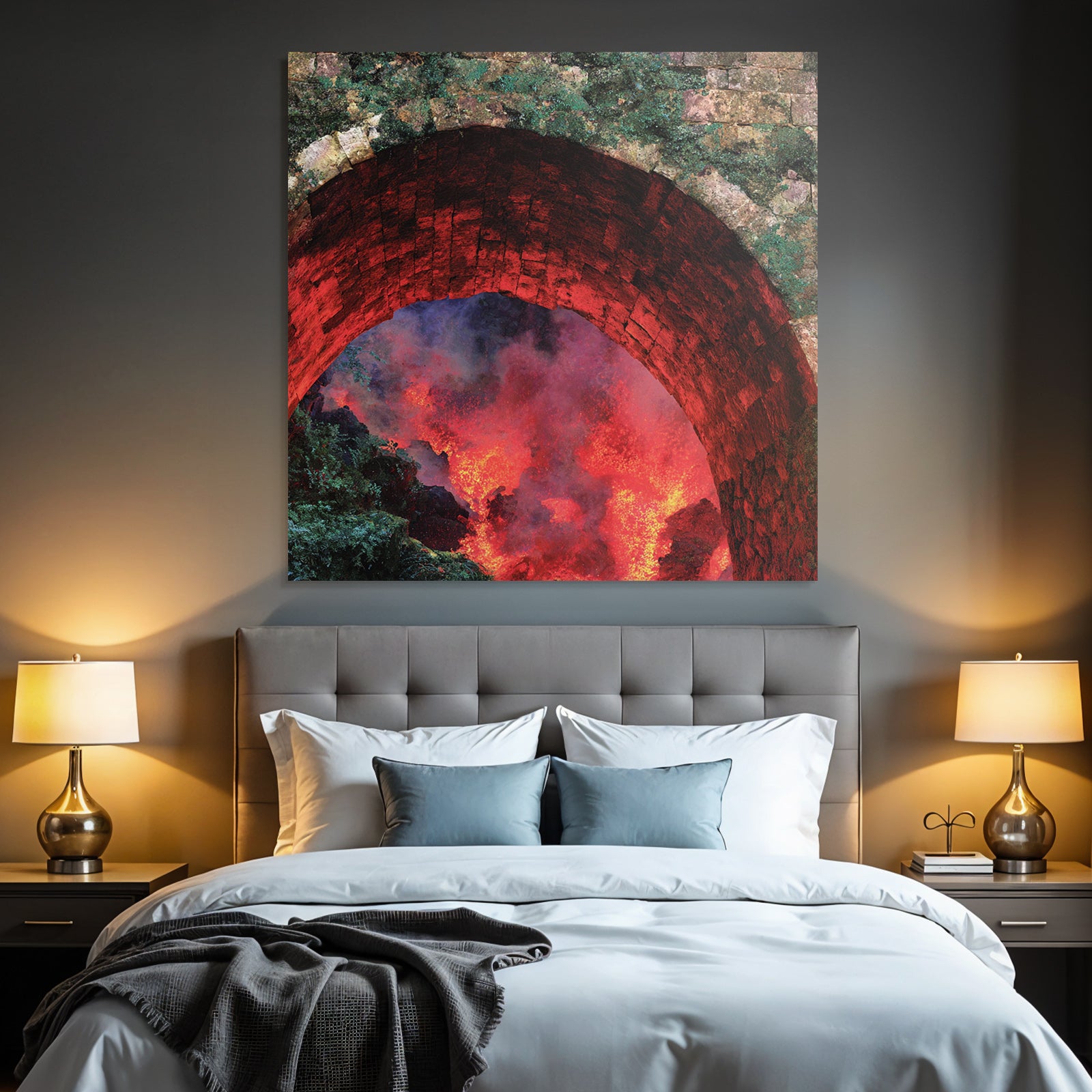 Steinbogen Mit Flammender Lava Und Moos