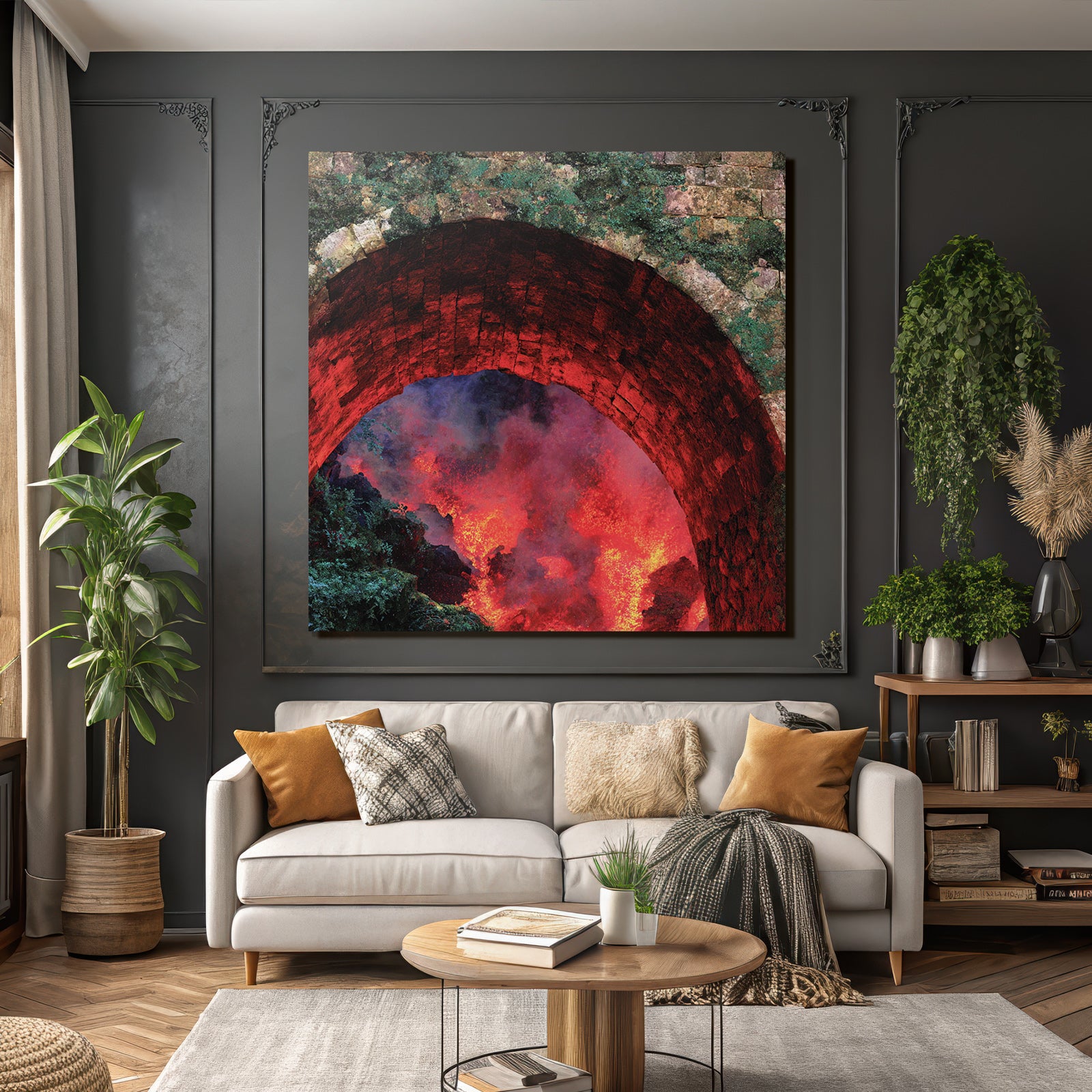 Steinbogen Mit Flammender Lava Und Moos