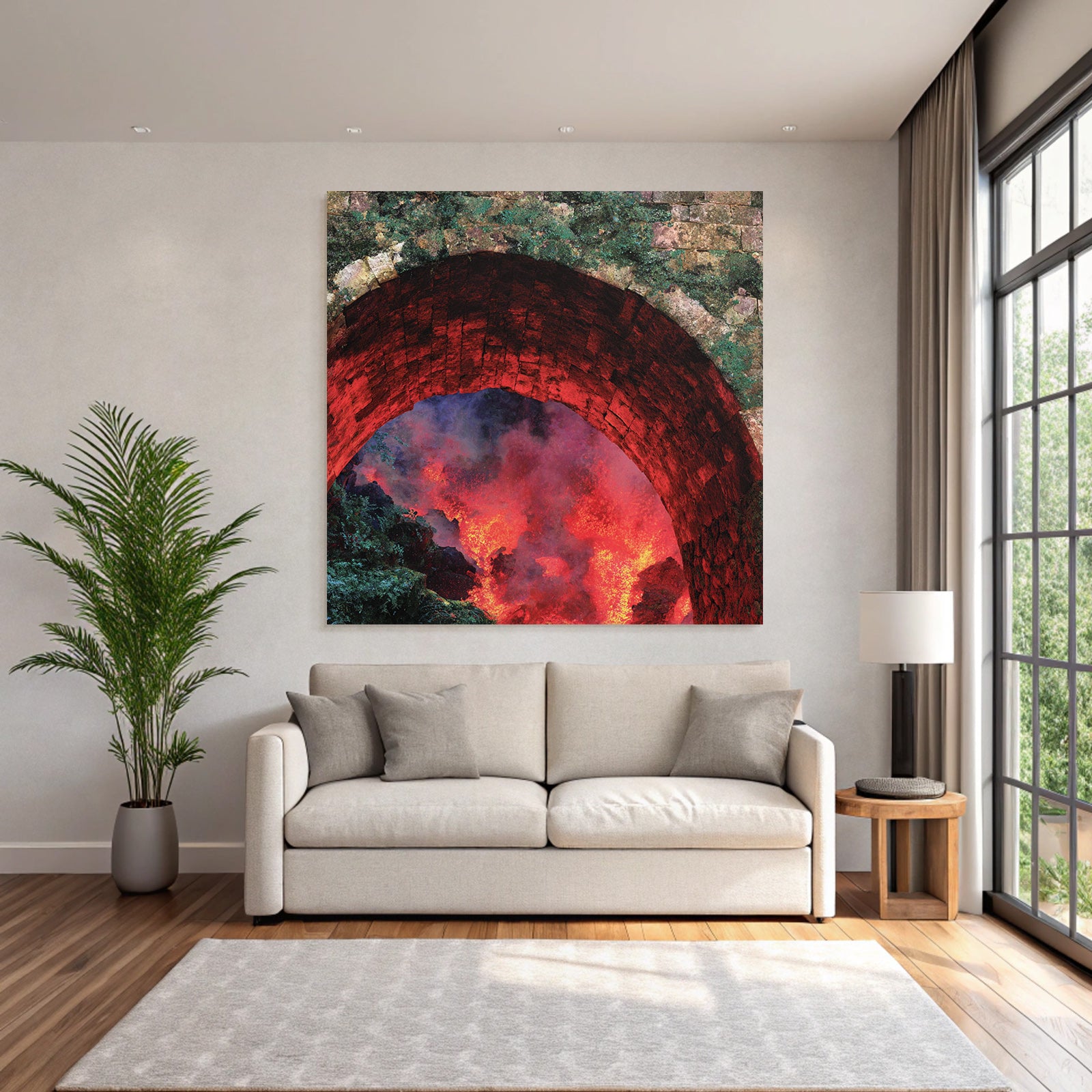 Steinbogen Mit Flammender Lava Und Moos