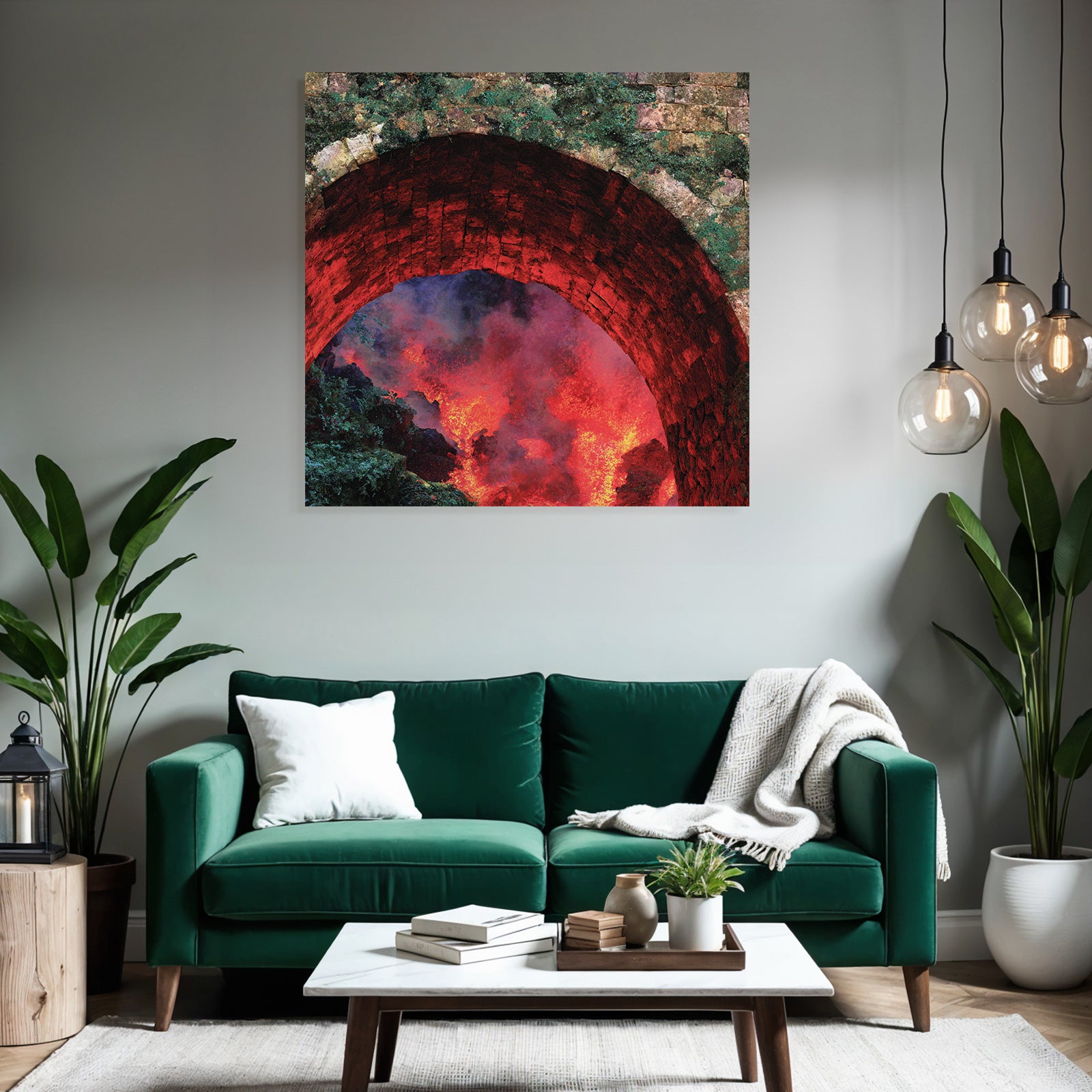 Steinbogen Mit Flammender Lava Und Moos