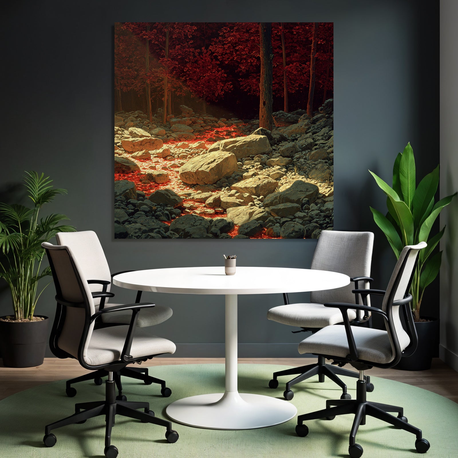 Surreale Landschaft Mit Roten Bäumen Und Lavafluss