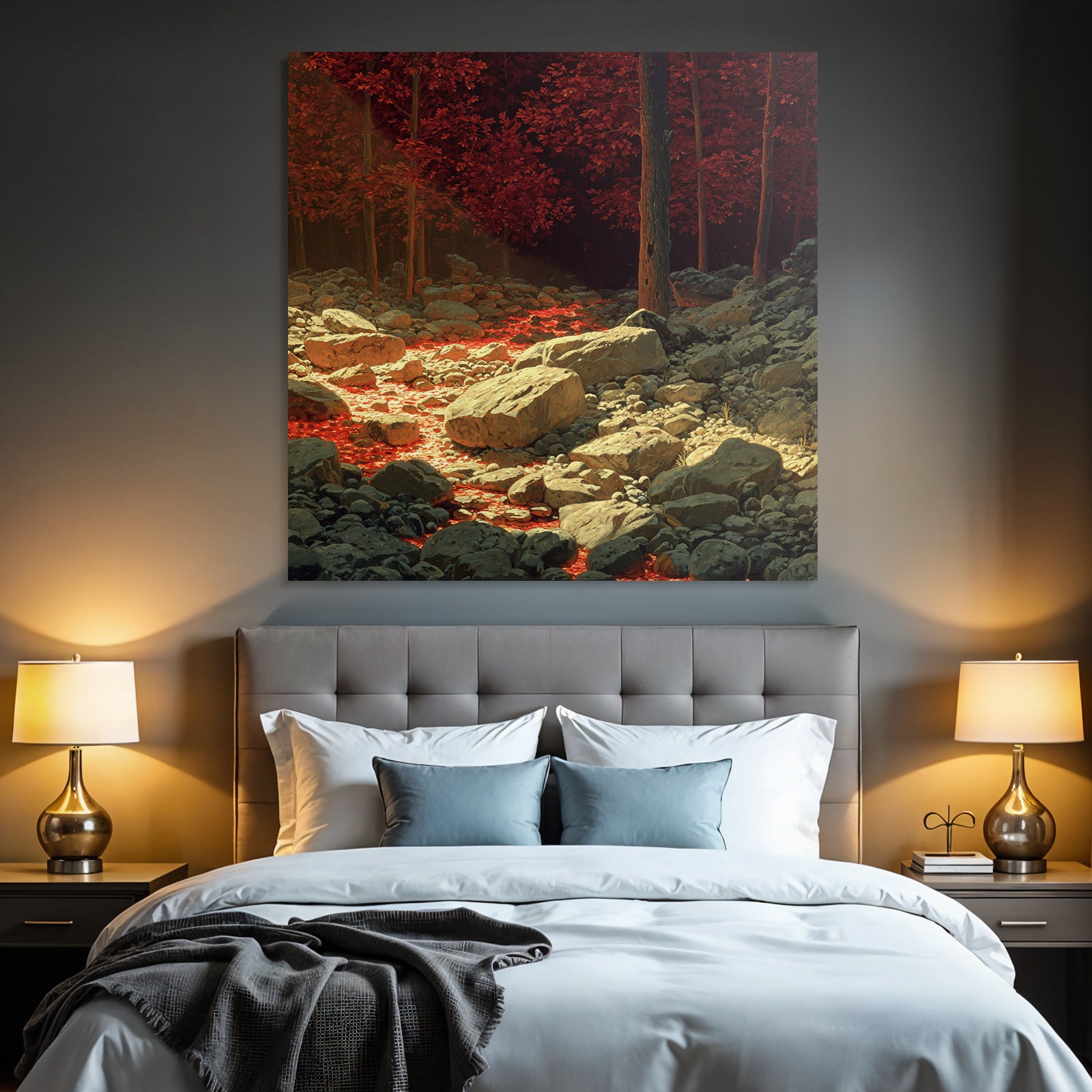 Surreale Landschaft Mit Roten Bäumen Und Lavafluss