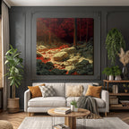 Surreale Landschaft Mit Roten Bäumen Und Lavafluss