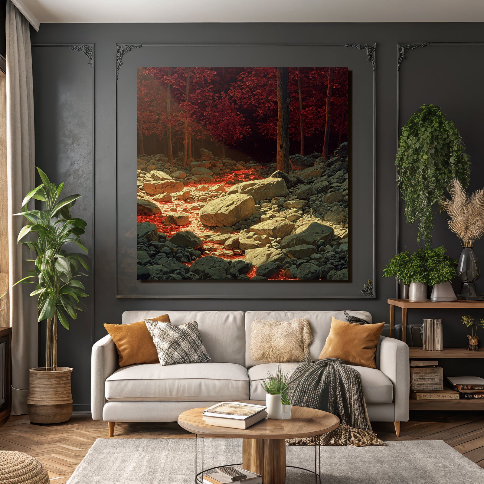 Surreale Landschaft Mit Roten Bäumen Und Lavafluss