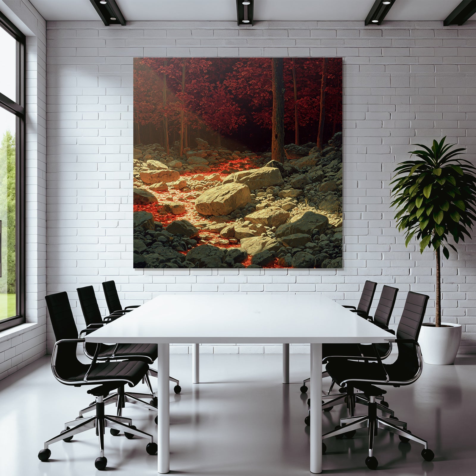 Surreale Landschaft Mit Roten Bäumen Und Lavafluss