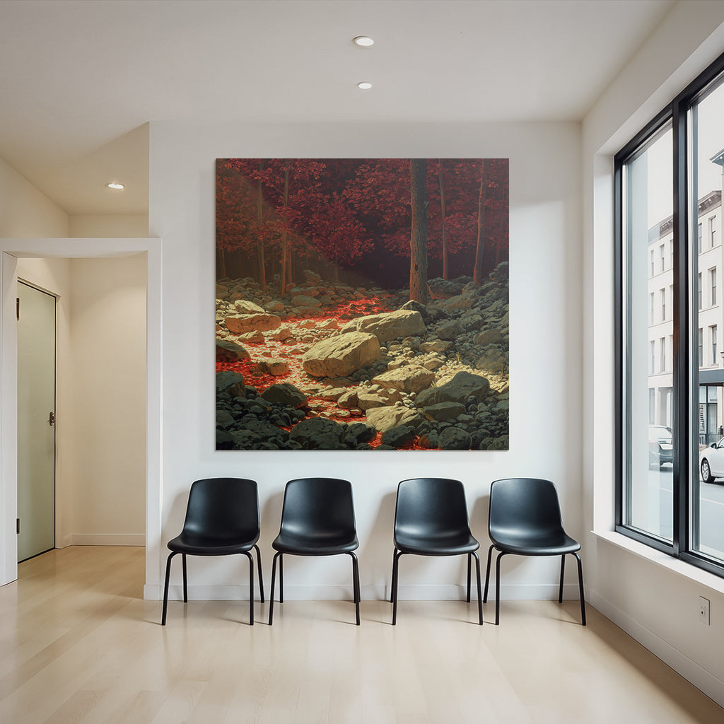 Surreale Landschaft Mit Roten Bäumen Und Lavafluss