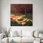 Surreale Landschaft Mit Roten Bäumen Und Lavafluss