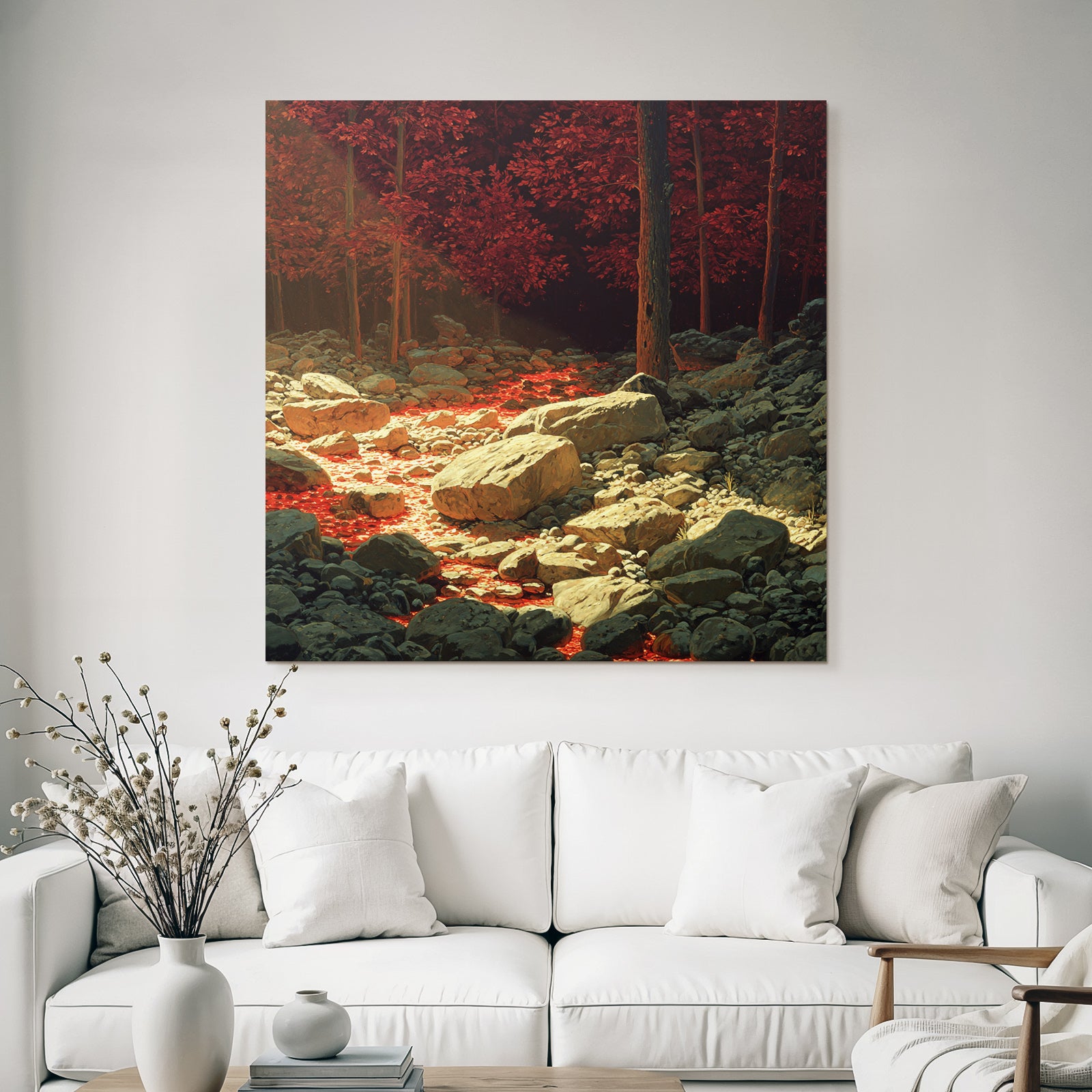 Surreale Landschaft Mit Roten Bäumen Und Lavafluss