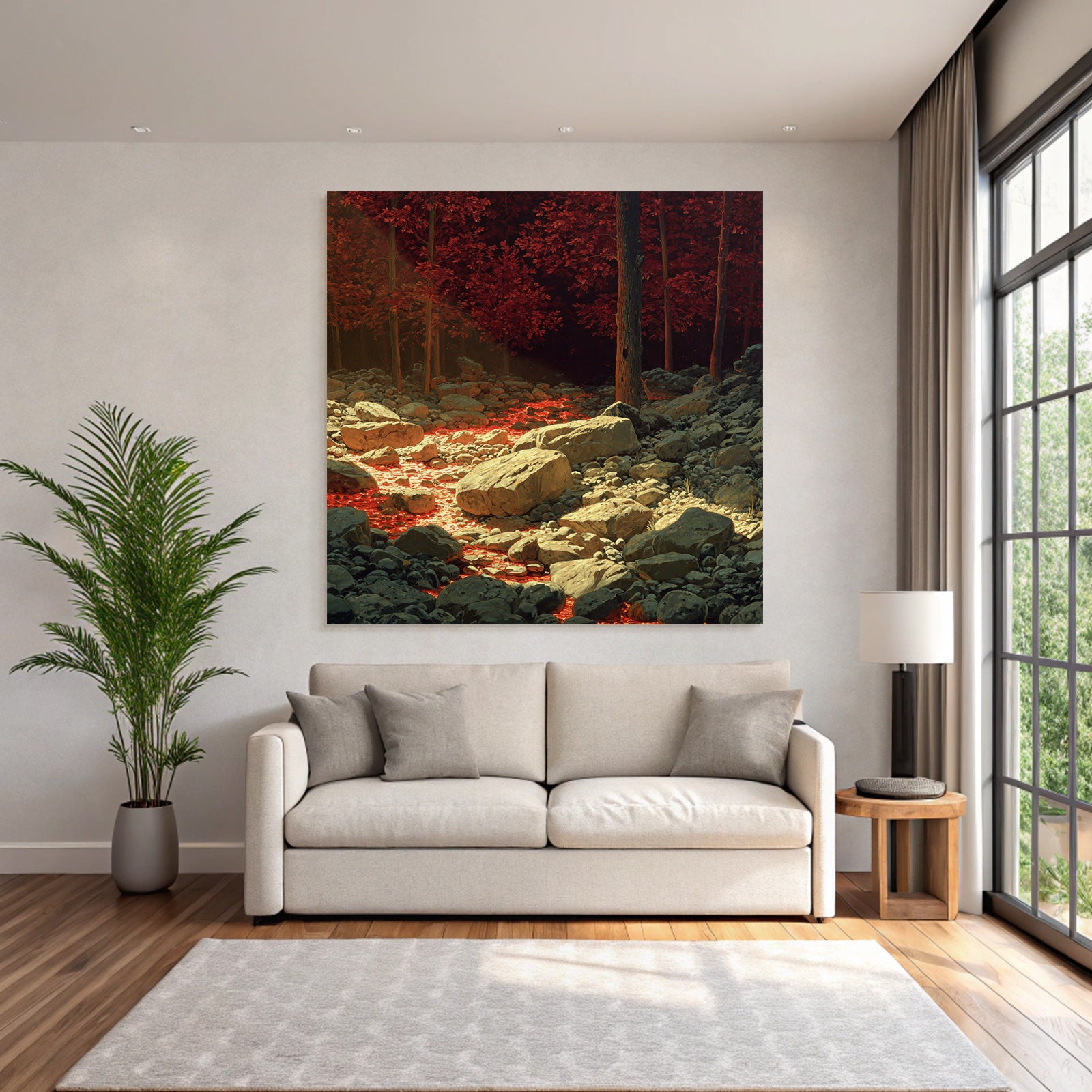 Surreale Landschaft Mit Roten Bäumen Und Lavafluss