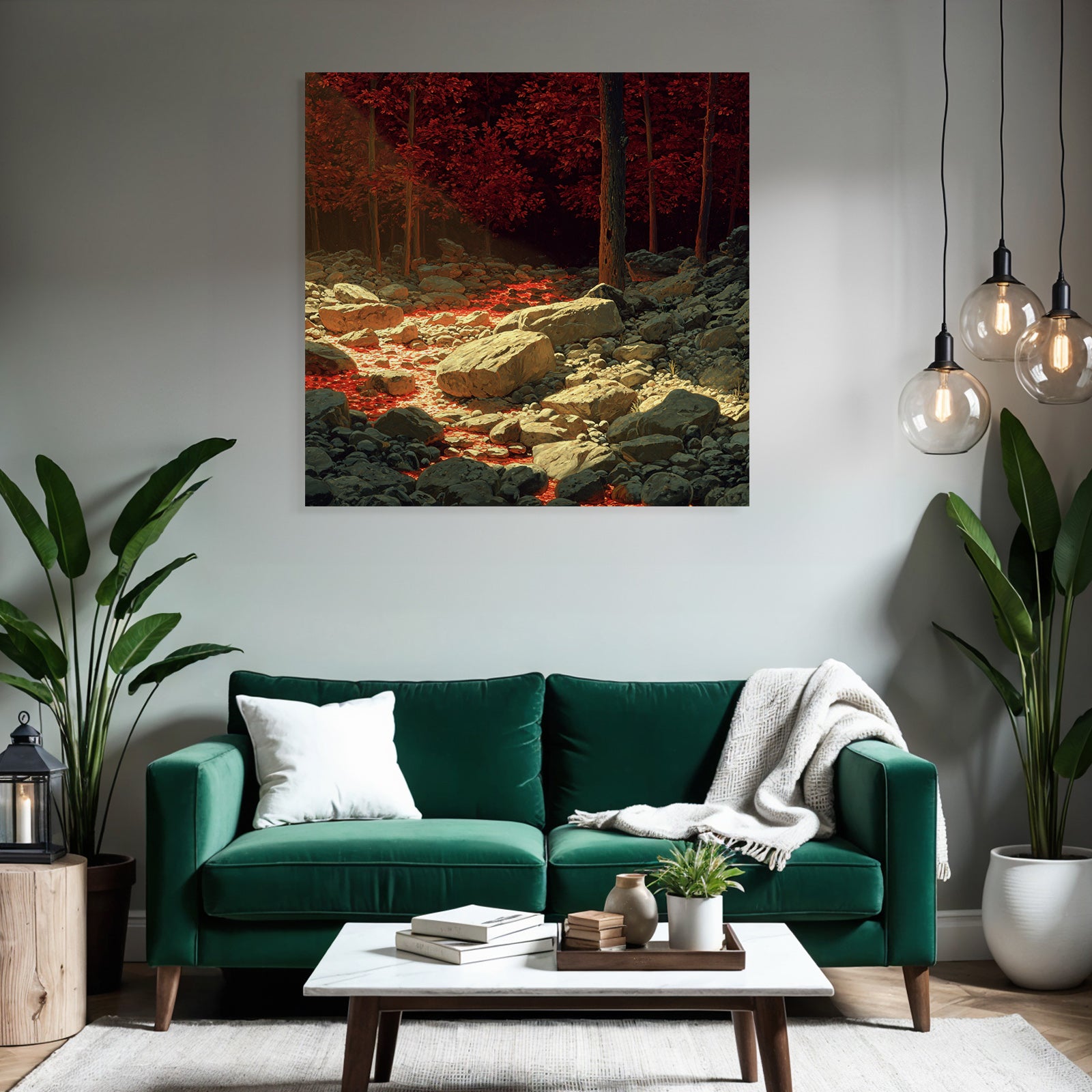 Surreale Landschaft Mit Roten Bäumen Und Lavafluss