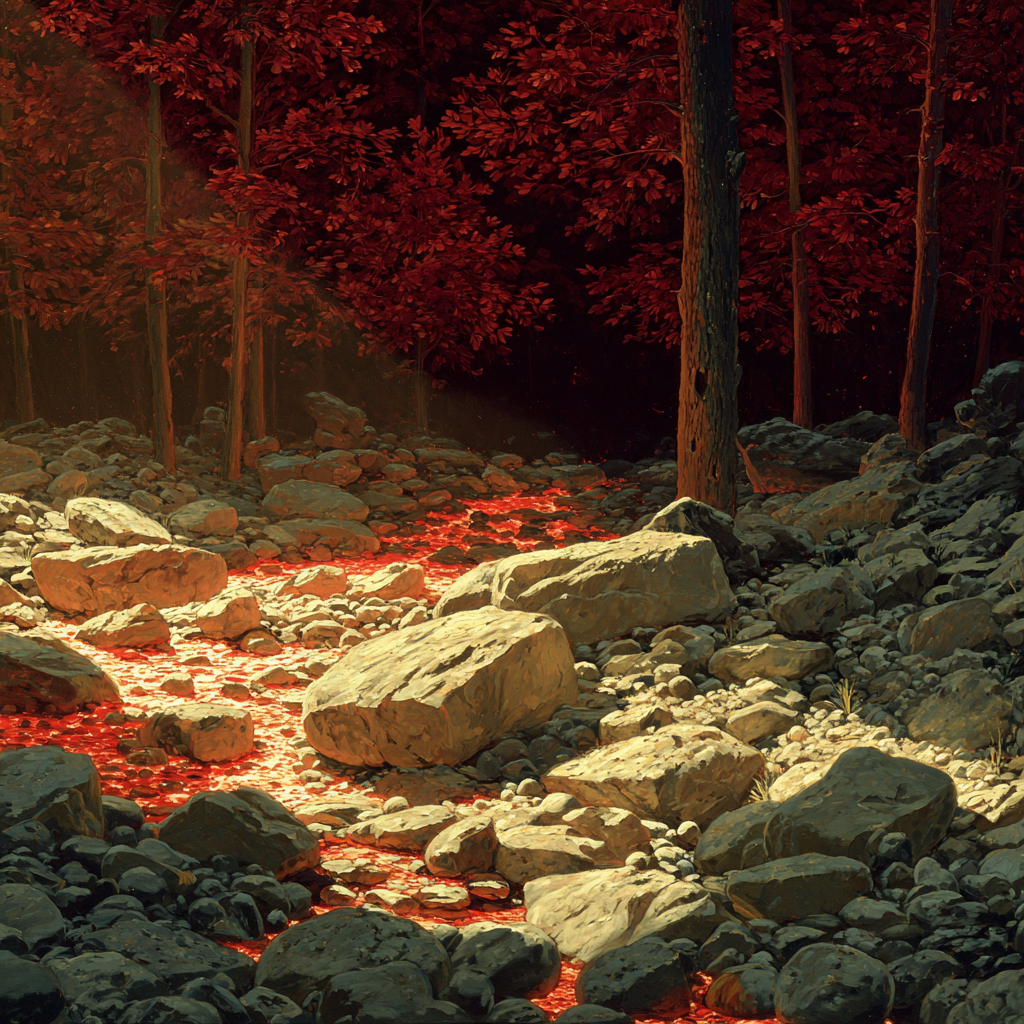 Surreale Landschaft Mit Roten Bäumen Und Lavafluss | Feuer und Vulkane | Natur