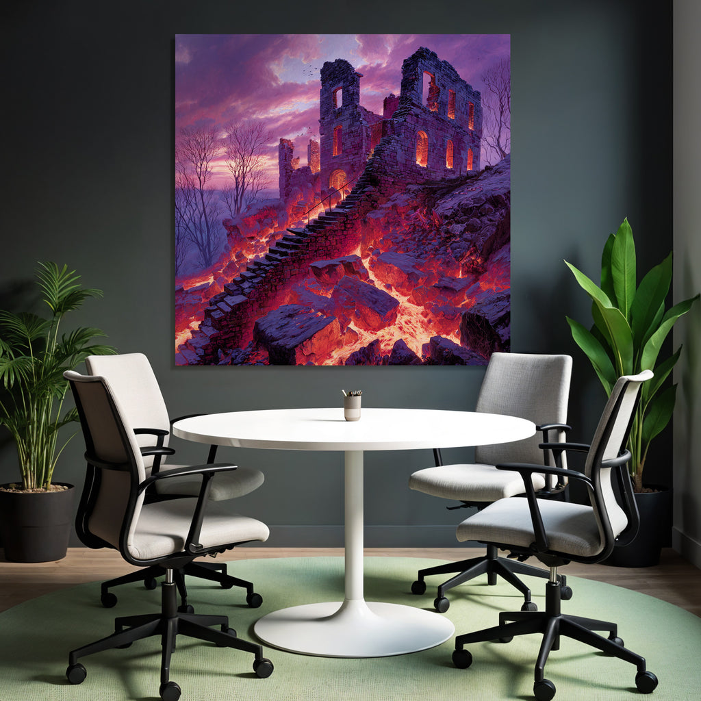 Surreale Landschaft Mit Steinruinen Und Lavafluss
