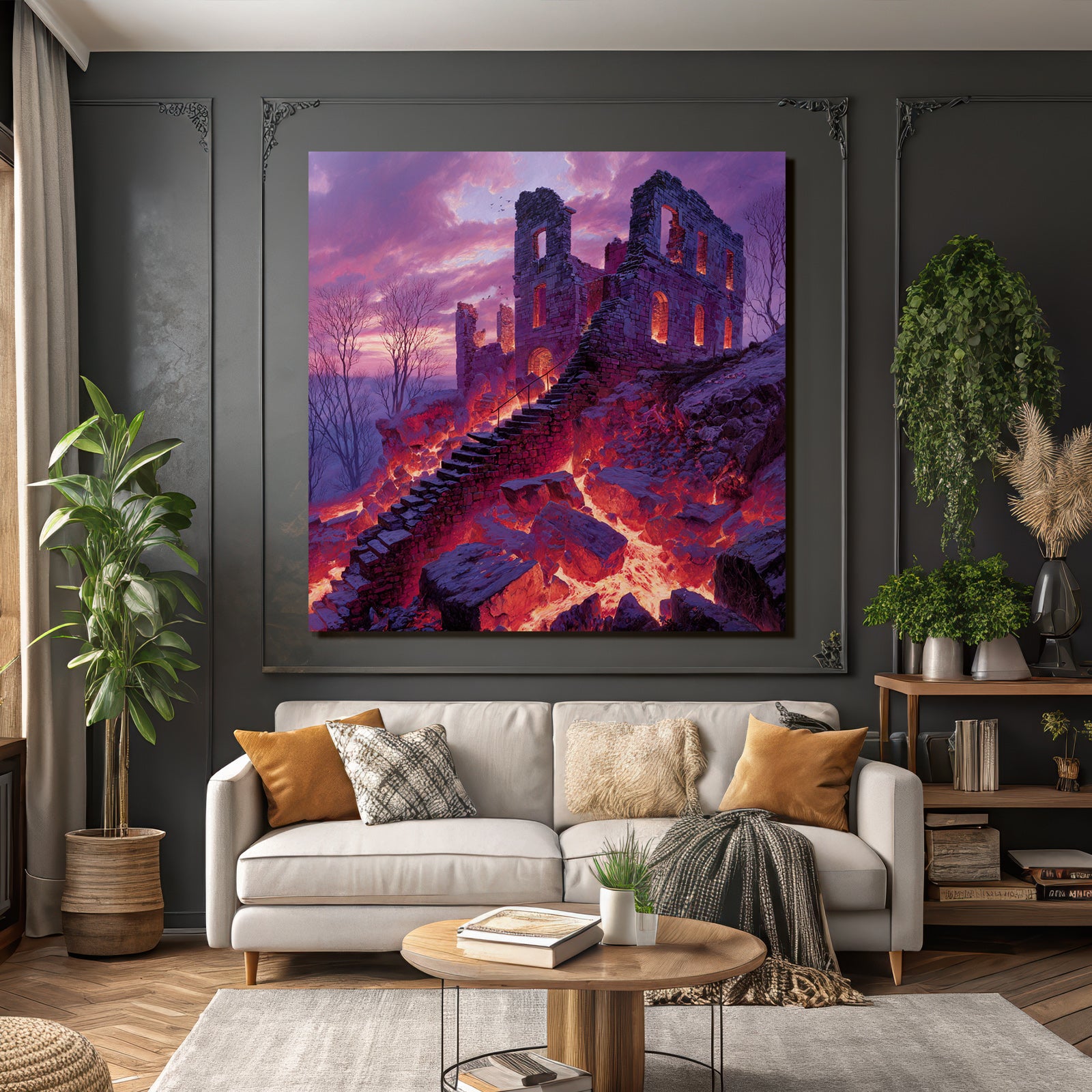 Surreale Landschaft Mit Steinruinen Und Lavafluss