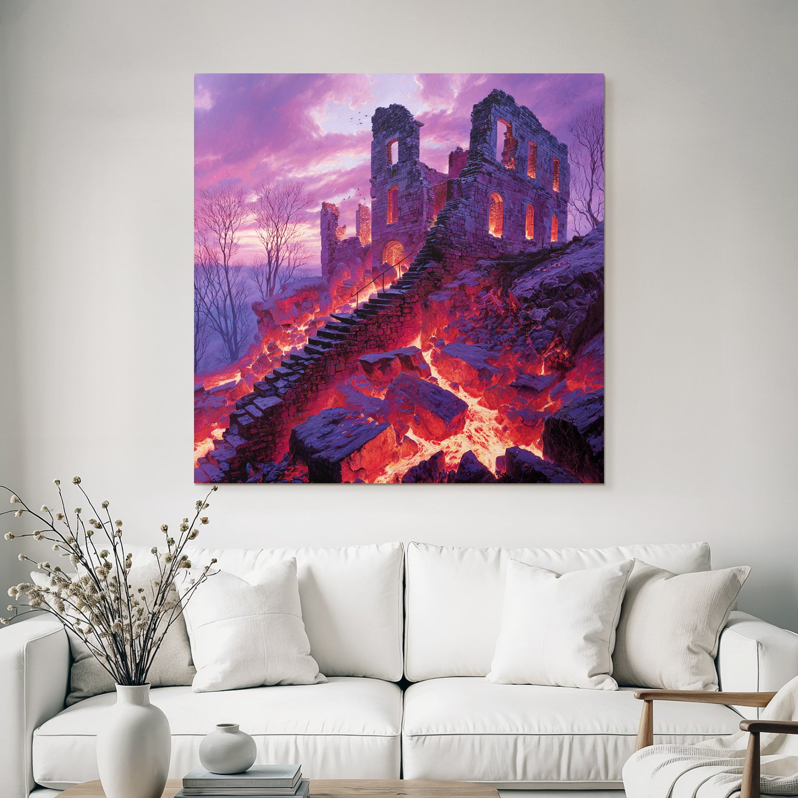 Surreale Landschaft Mit Steinruinen Und Lavafluss