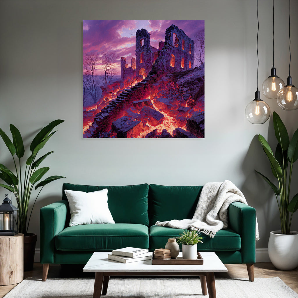 Surreale Landschaft Mit Steinruinen Und Lavafluss