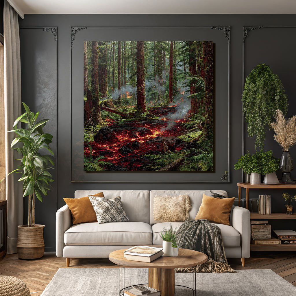 Vulkanausbruch Im Wald Mit Lavafluss