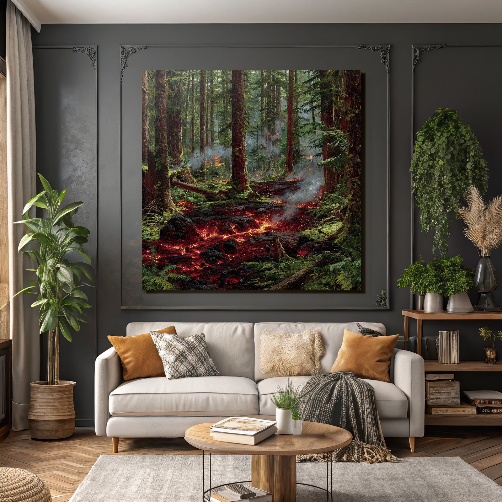 Vulkanausbruch Im Wald Mit Lavafluss