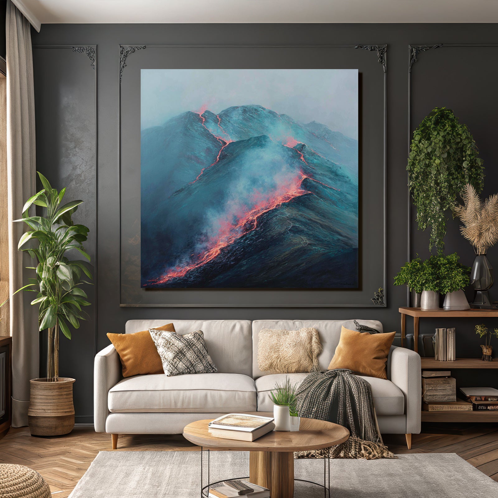 Vulkanlandschaft Mit Fliessender Lava Und Rauch