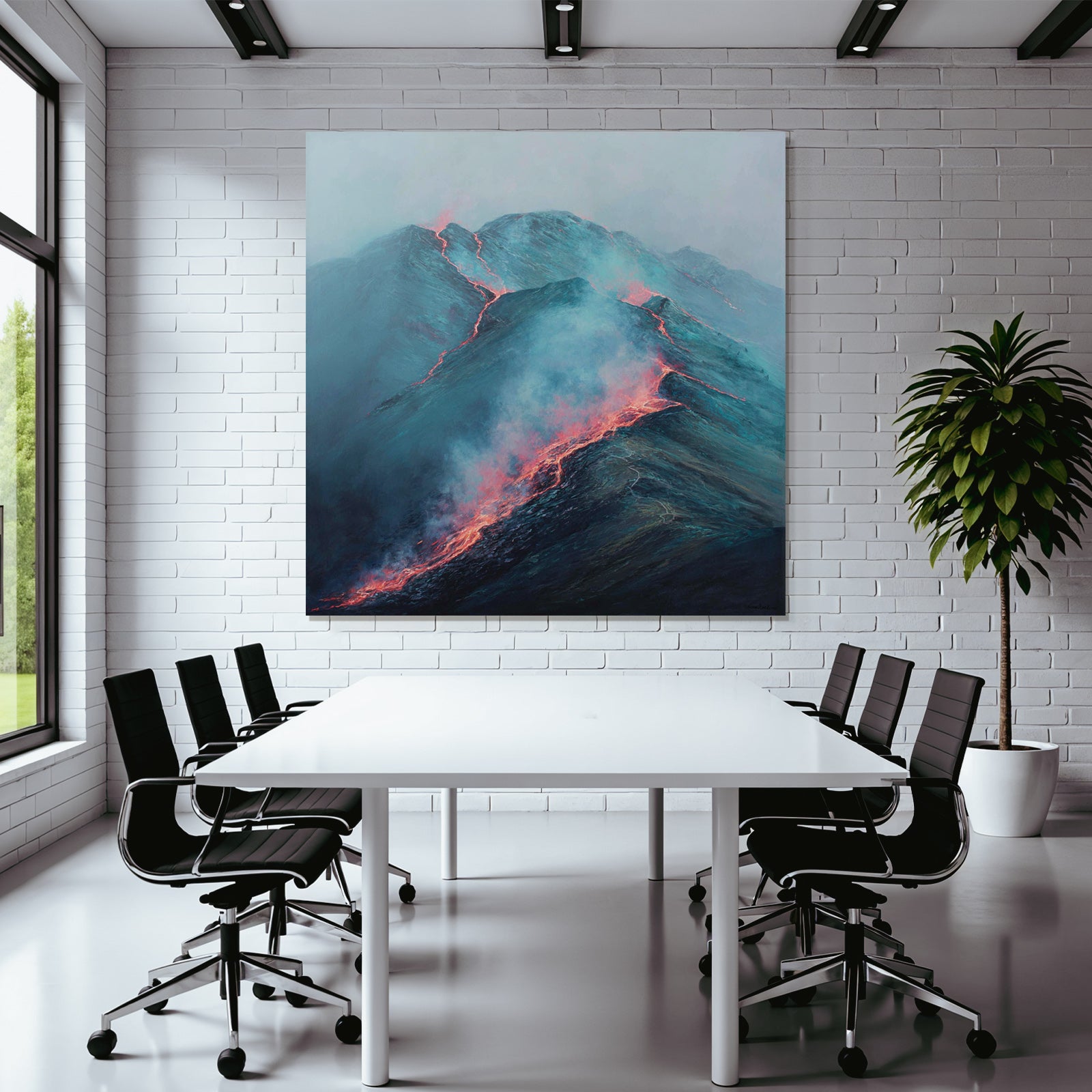 Vulkanlandschaft Mit Fliessender Lava Und Rauch