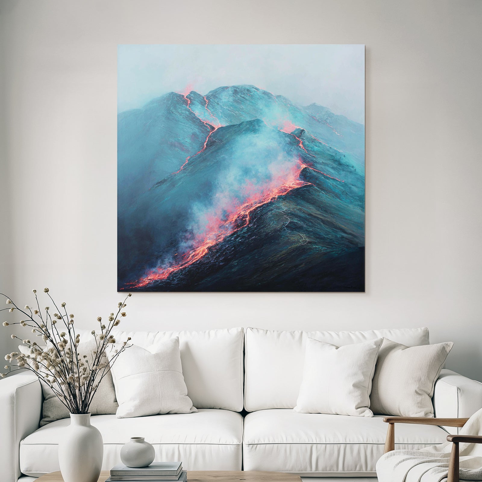 Vulkanlandschaft Mit Fliessender Lava Und Rauch
