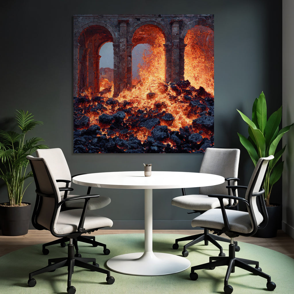 Volcanic landscape with stone arches and lava flow