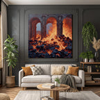 Volcanic landscape with stone arches and lava flow