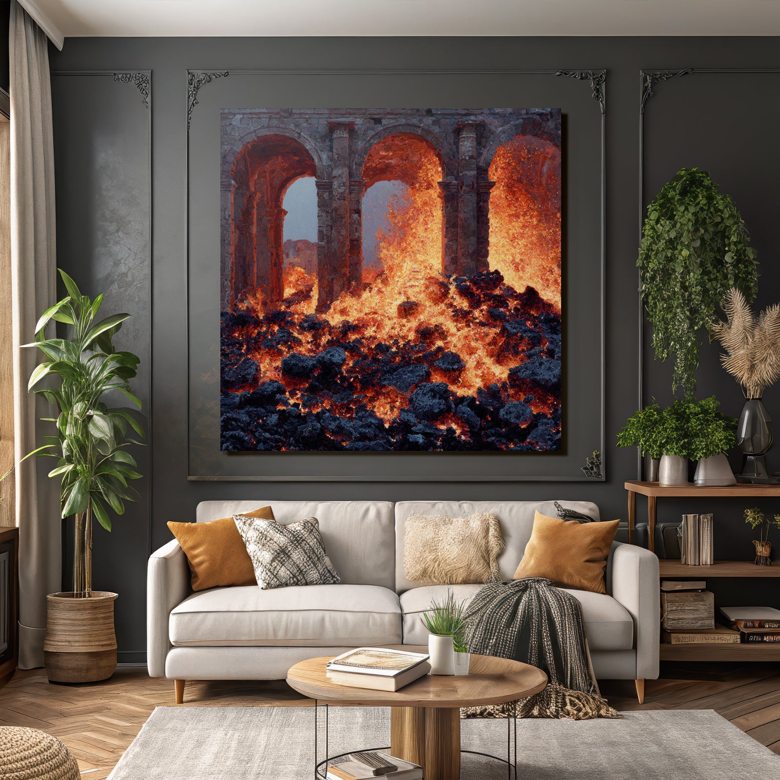 Vulkanlandschaft Mit Steinbögen Und Lavafluss