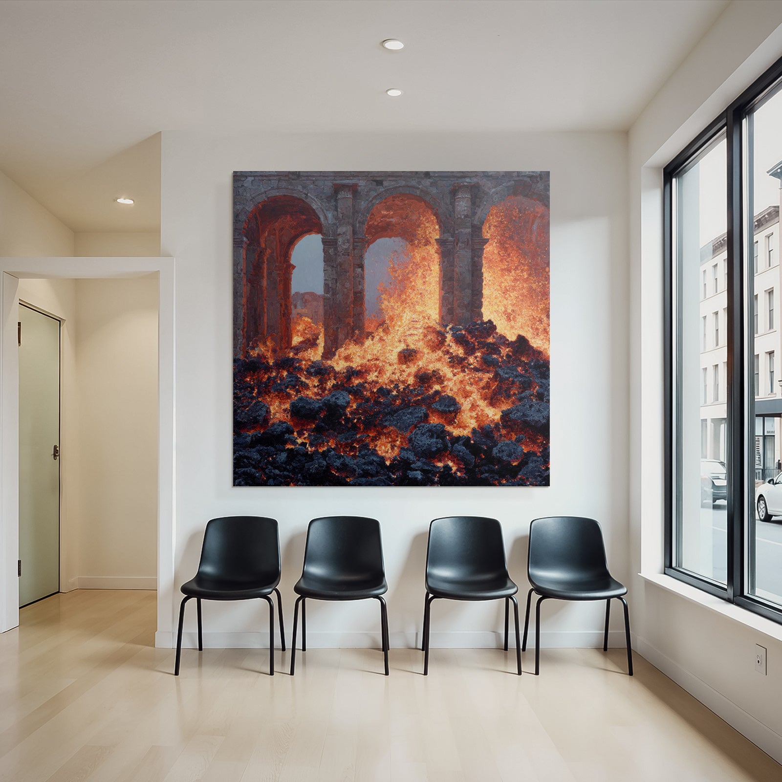 Vulkanlandschaft Mit Steinbögen Und Lavafluss