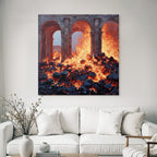 Volcanic landscape with stone arches and lava flow