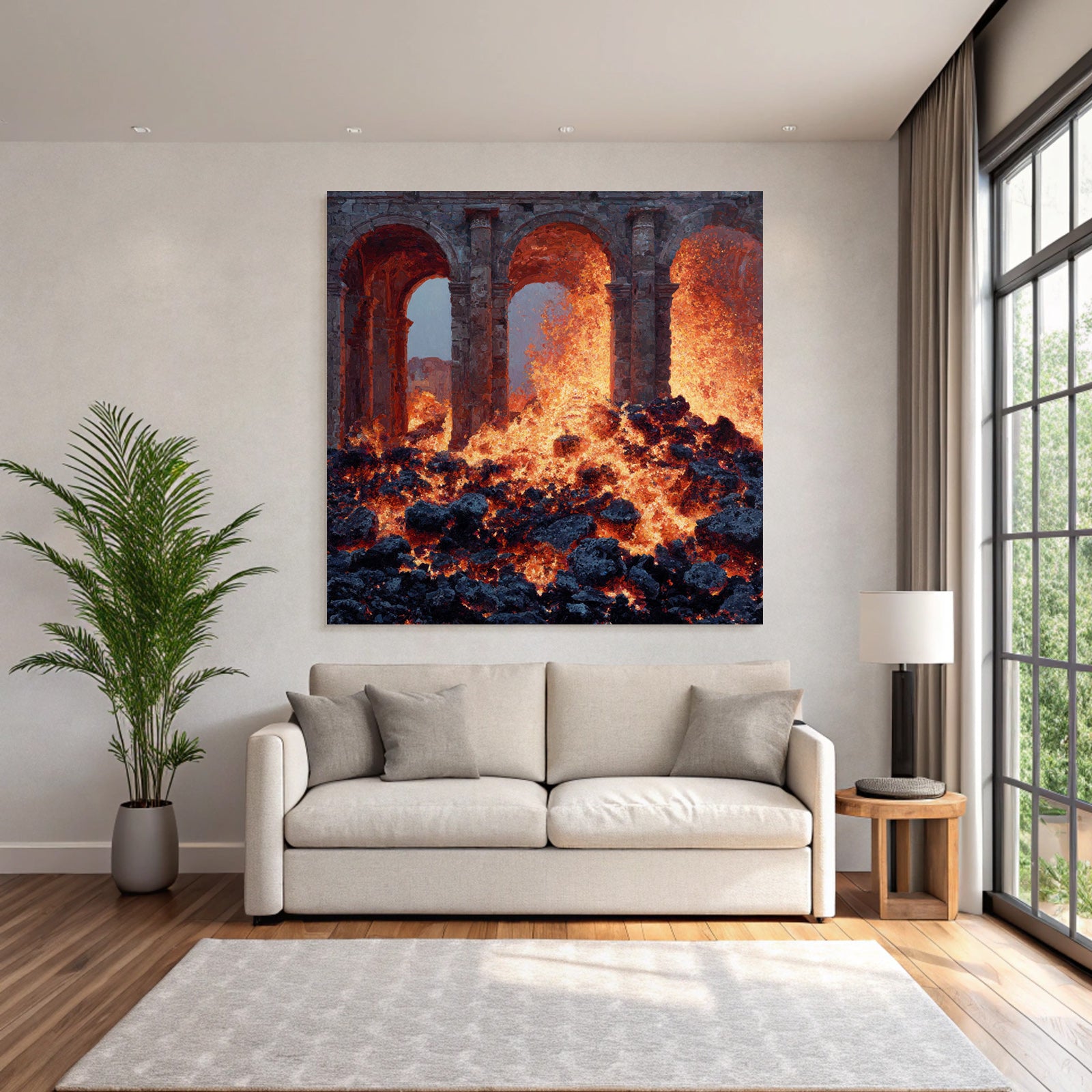 Vulkanlandschaft Mit Steinbögen Und Lavafluss