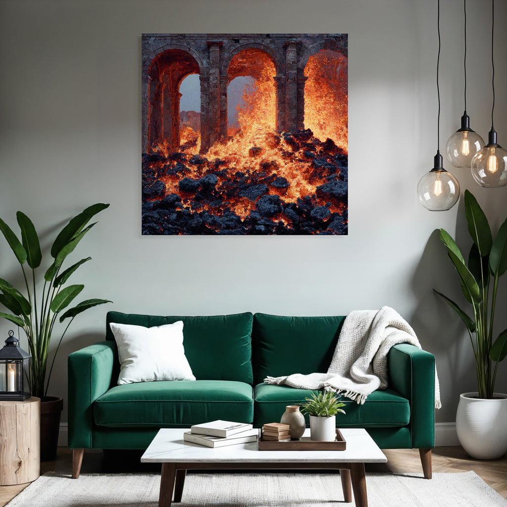 Volcanic landscape with stone arches and lava flow