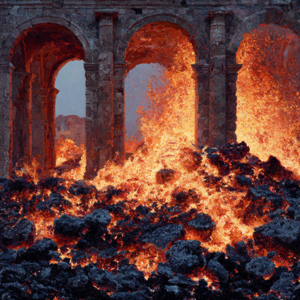 Vulkanlandschaft Mit Steinbögen Und Lavafluss | Feuer und Vulkane | Natur