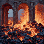 Vulkanlandschaft Mit Steinbögen Und Lavafluss | Feuer und Vulkane | Natur