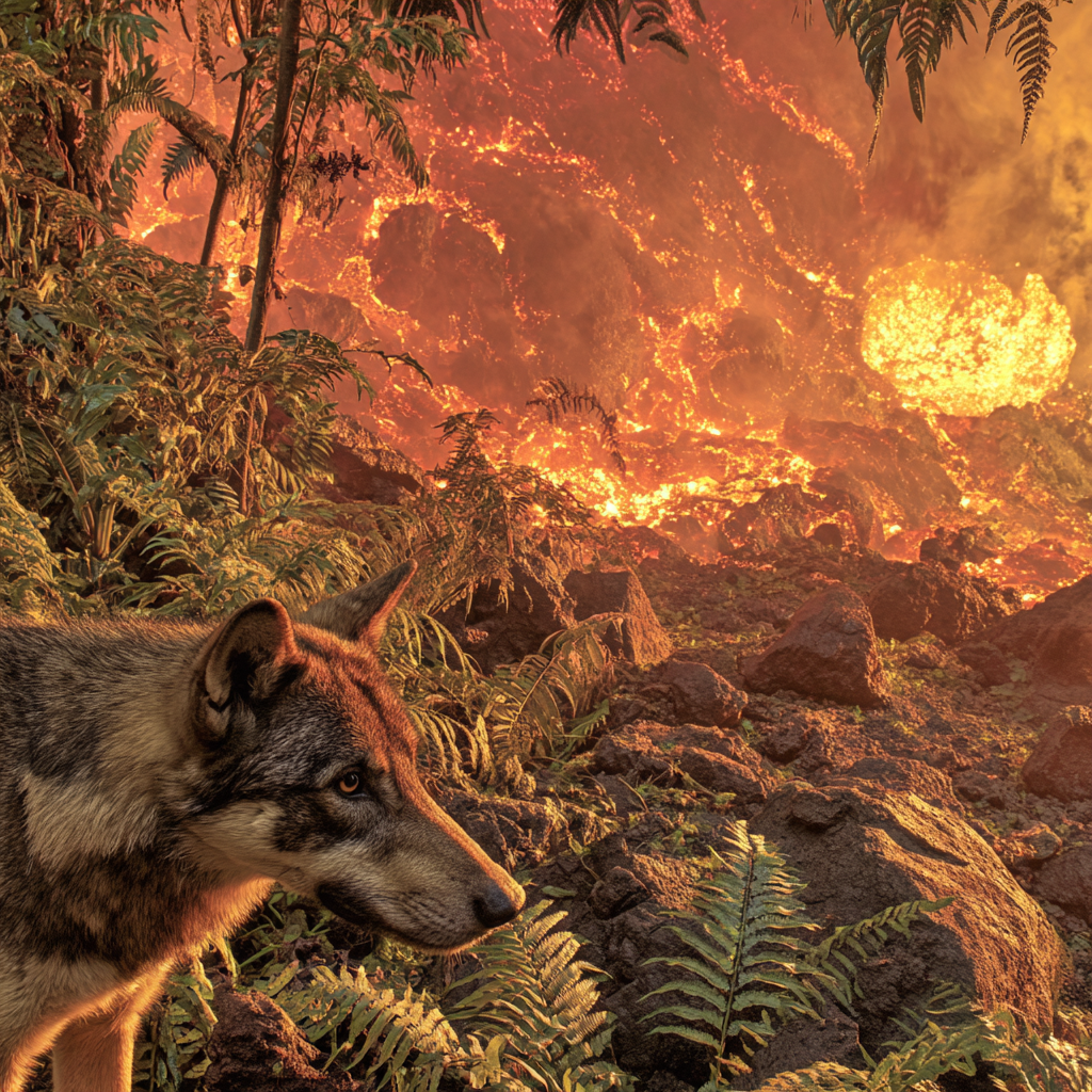 Wolf In Üppiger Vulkanlandschaft Mit Fliesender Lava Und Farnen | Feuer und Vulkane | Natur