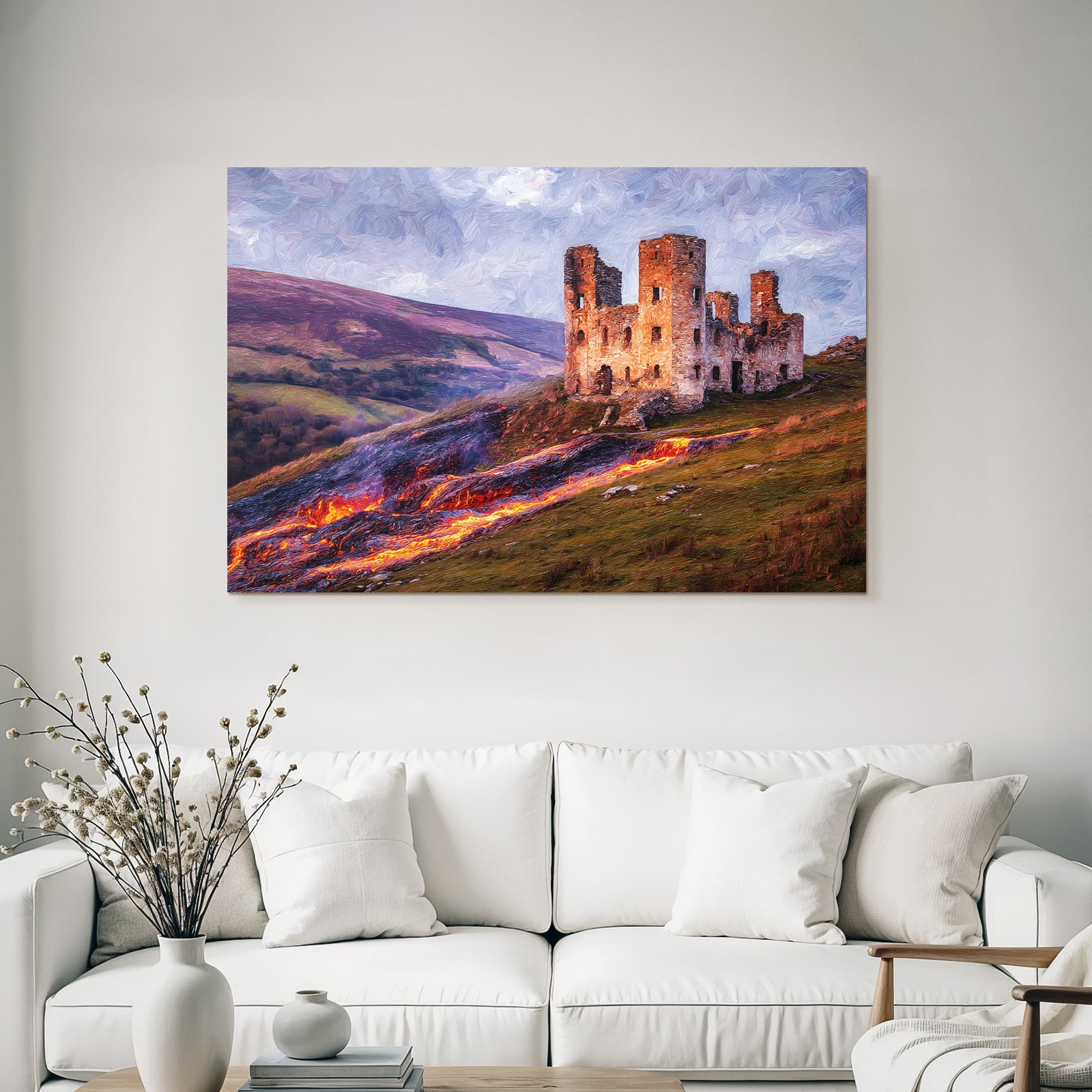 Burgruine Am Hang Mit Fliessendem Lavastrom