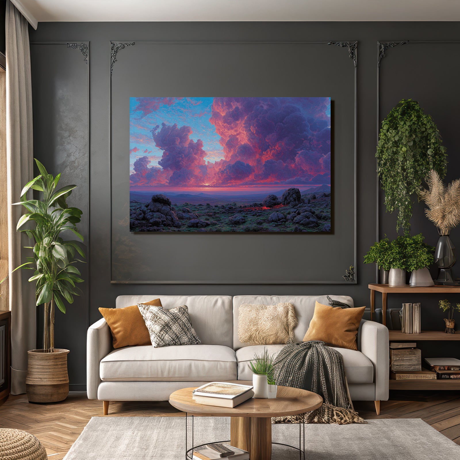 Dramatische Bunte Wolken Über Felsiger Landschaft Im Sonnenaufgang