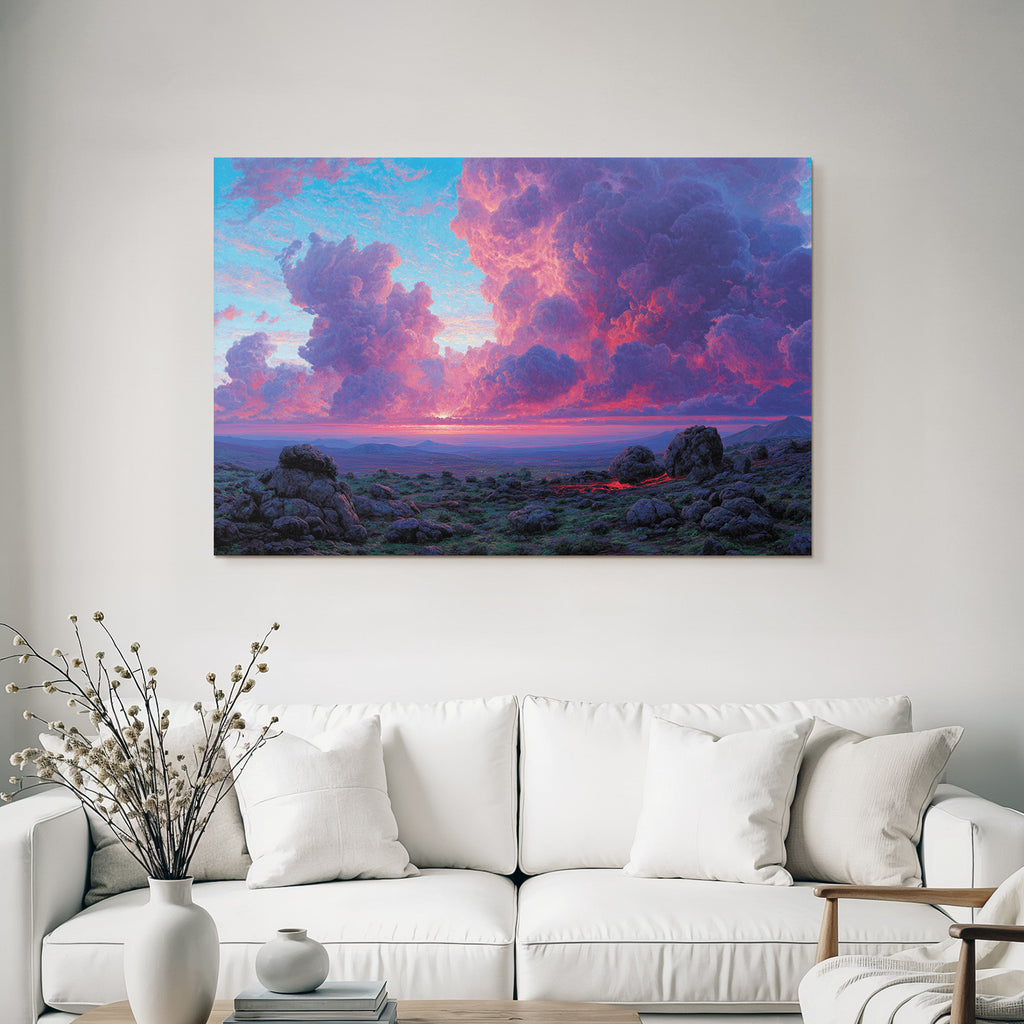 Dramatische Bunte Wolken Über Felsiger Landschaft Im Sonnenaufgang