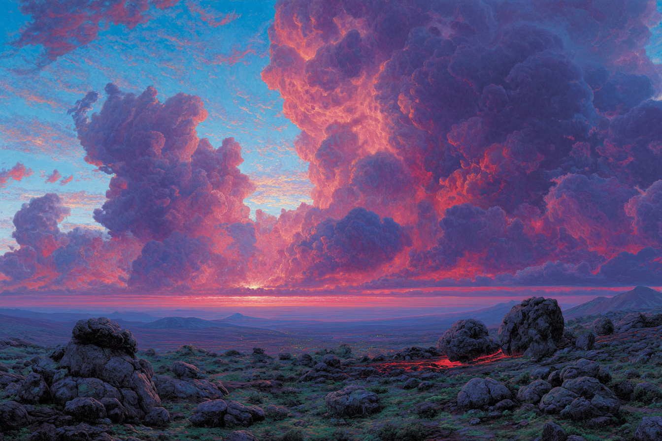 Dramatische Bunte Wolken Über Felsiger Landschaft Im Sonnenaufgang | Feuer und Vulkane | Natur