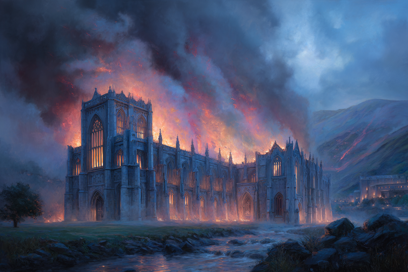 Dramatische Gotische Kathedrale In Flammen | Feuer und Vulkane | Natur