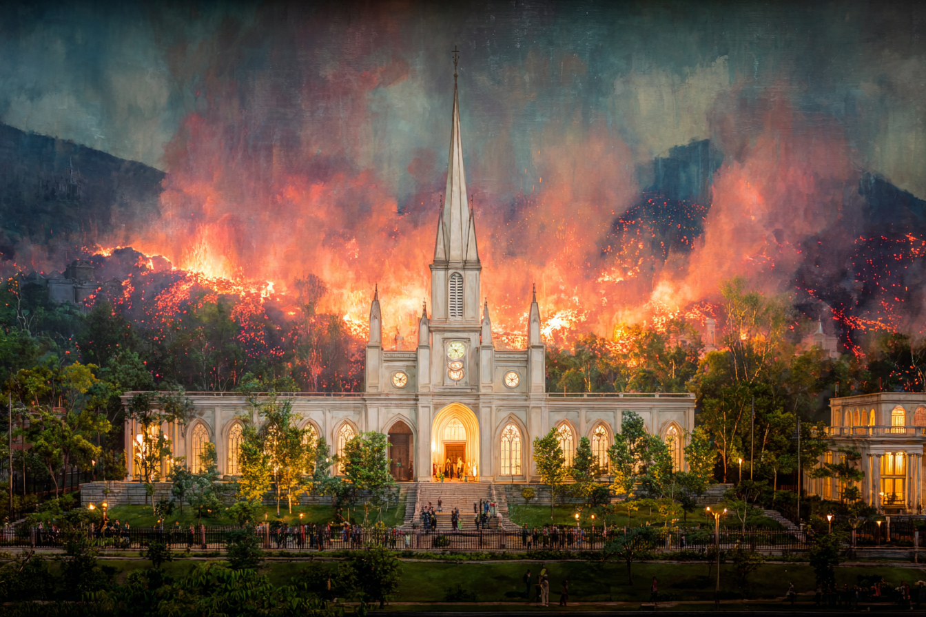 Dramatische Szene Prachtvolle Kirche Vor Waldbrand | Feuer und Vulkane | Natur