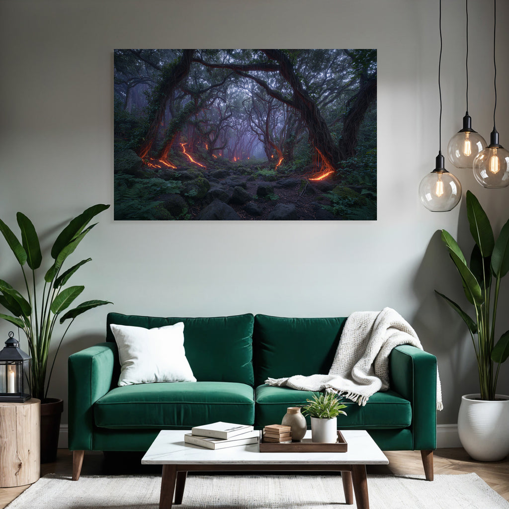 Magischer Wald Mit Glühendem Lavafluss