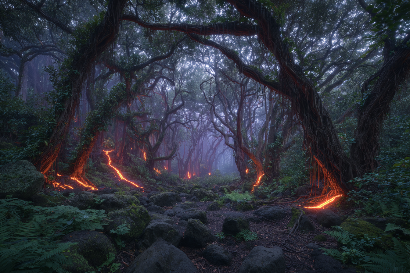 Magischer Wald Mit Glühendem Lavafluss | Feuer und Vulkane | Natur
