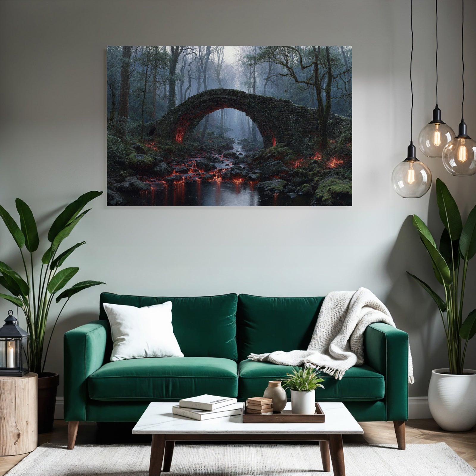 Mystische Waldbrücke Mit Nebeldunst Und Glimmendem Felsenfeür