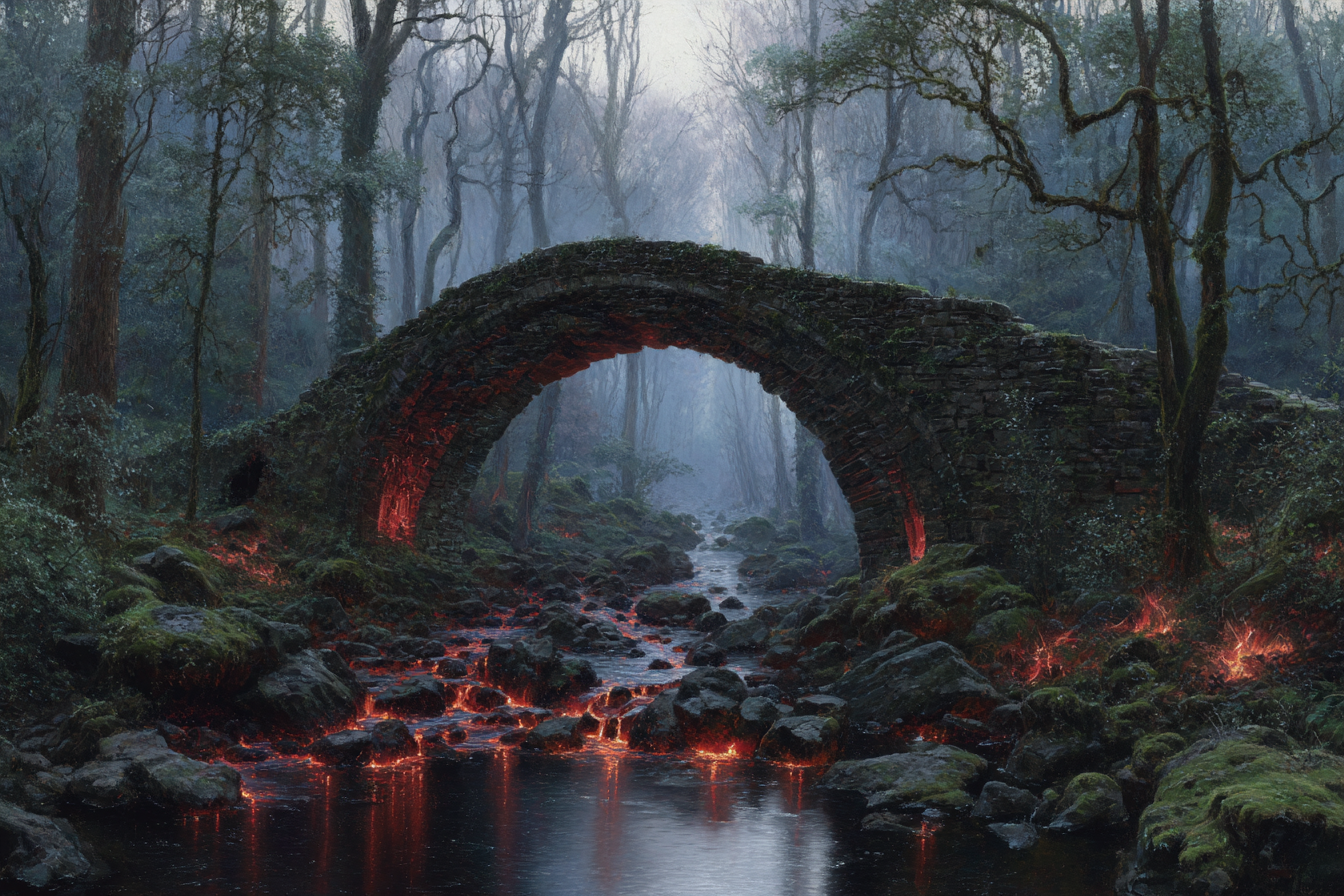 Mystische Waldbrücke Mit Nebeldunst Und Glimmendem Felsenfeür | Feuer und Vulkane | Natur