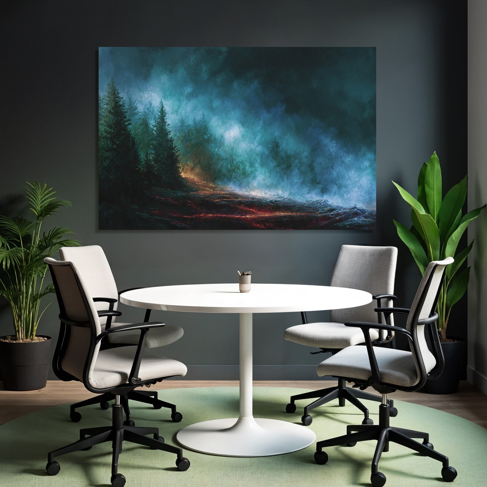 Mystische Landschaft Mit Vulkanischem Rotstich Und Tiefblaün Nebeln