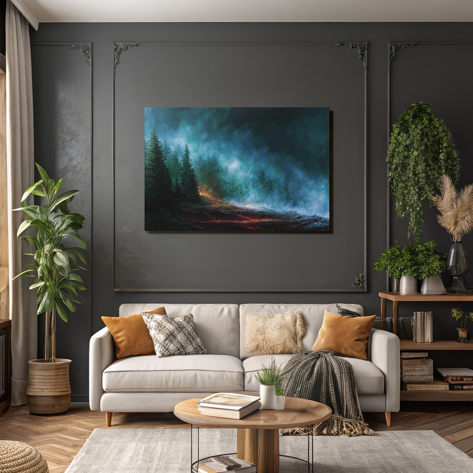 Mystische Landschaft Mit Vulkanischem Rotstich Und Tiefblaün Nebeln