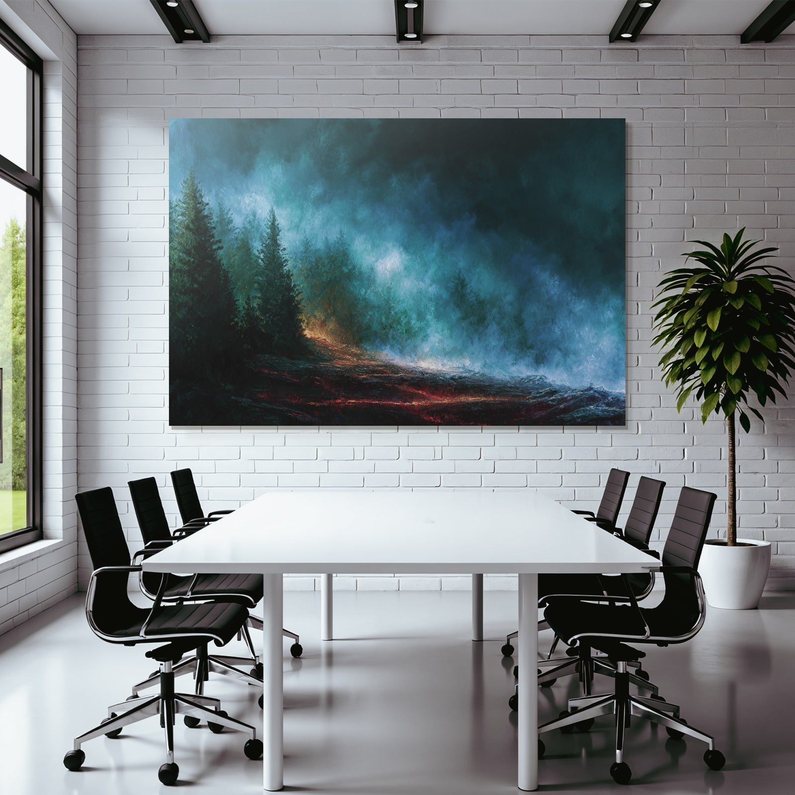 Mystische Landschaft Mit Vulkanischem Rotstich Und Tiefblaün Nebeln