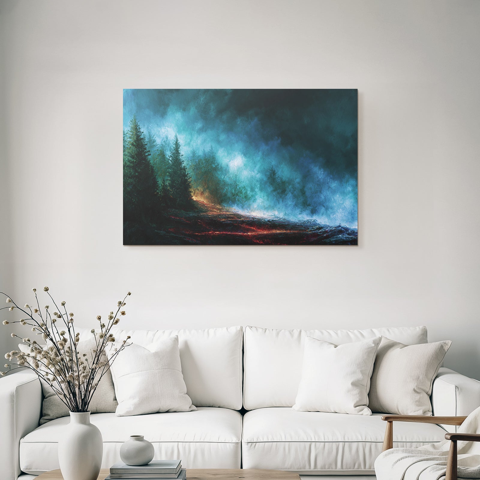 Mystische Landschaft Mit Vulkanischem Rotstich Und Tiefblaün Nebeln