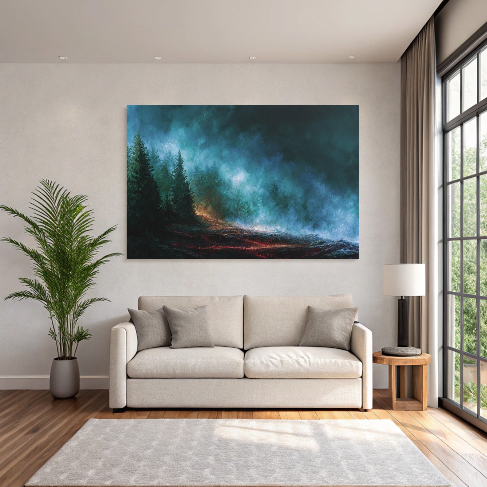 Mystische Landschaft Mit Vulkanischem Rotstich Und Tiefblaün Nebeln
